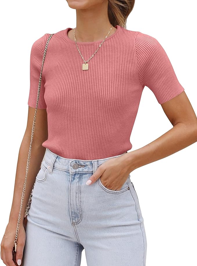 ZESICA Women's Short Sleeve Sweater Tops 2026 Summer Crewneck T Shirt Ribbed Knit Slim Fit Basic Solid Color Tee