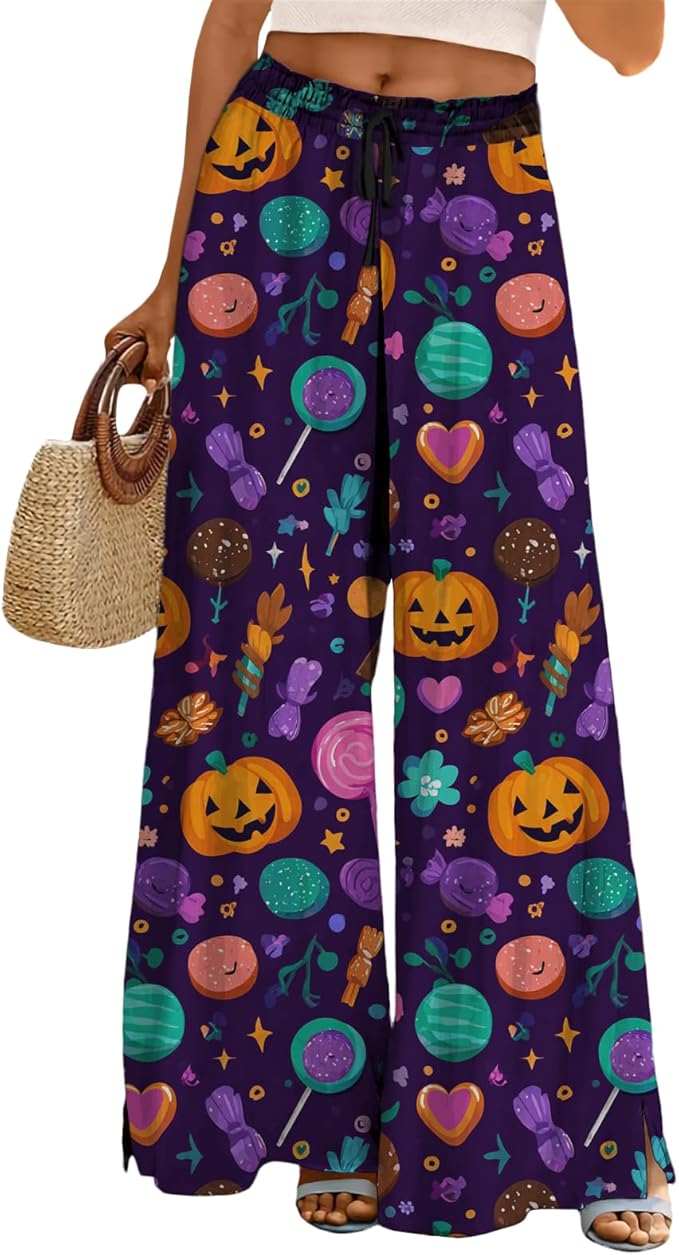 domirica Halloween Pants Women Drawstring Elastic Waist Wide Leg Pants Ladies Pumpkin Ghost Pajama Vintage Street Wear