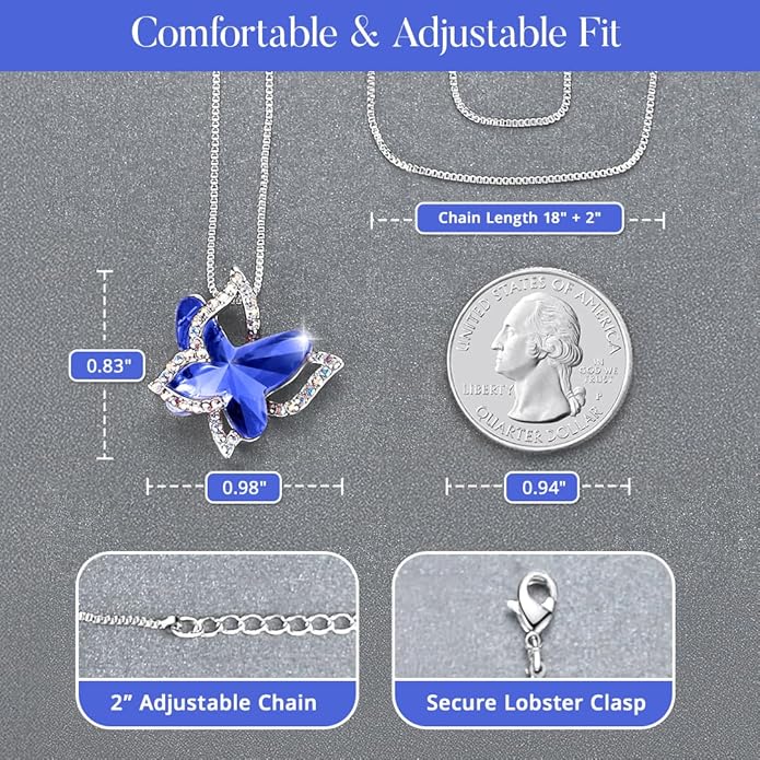 GEMMANCE Gift Butterfly Birthstone Crystal Necklace, Silver Tone with 18”+2” Chain, Necklace for Mother’s Day Anniversary Birthday Gifts for Women and Daughter, Valentine's Day