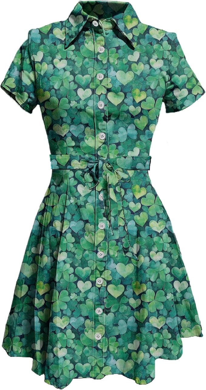 MARSVOVO Cute T Shirt Dress for Women Short Sleeve Button Up Tie Waist Elegant Casual Collared Smocked Midi Dress