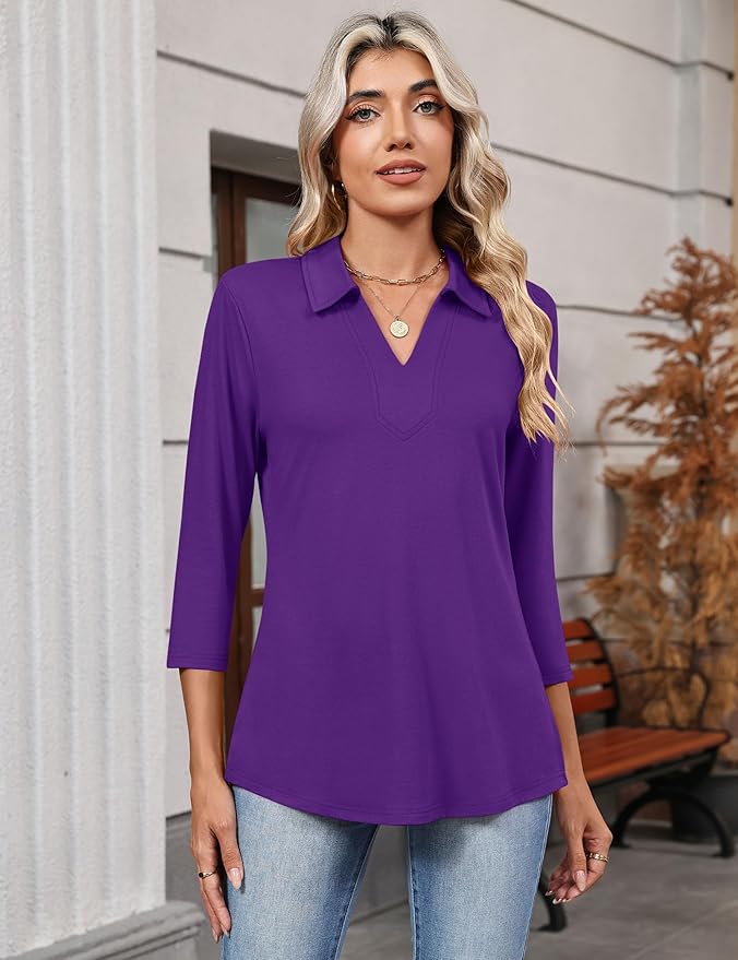 LOMON 3/4 Length Sleeve Womens Tops 2026 Spring Summer Collared Polo Shirts V Neck Casual Basic Polos Tees Shirt