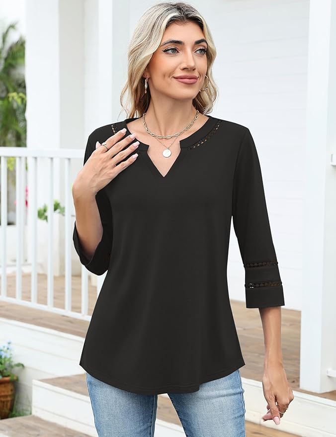 Ivicoer 3/4 Length Sleeve Womens Tops V Neck Lace Embroidered Summer Blouses Loose Fit Tunic Dressy Casual