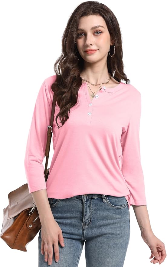 PGANDS Women's 3/4 Length Sleeve T Shirts Button Down Scoop Neck Casual Tops