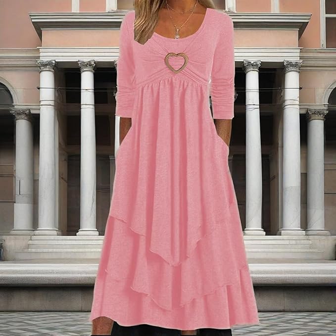 Winter Dresses for Women Wedding Guests Casual Cute Heart Long Sleeve Tiered Maxi Dress with Pockets Plus Size