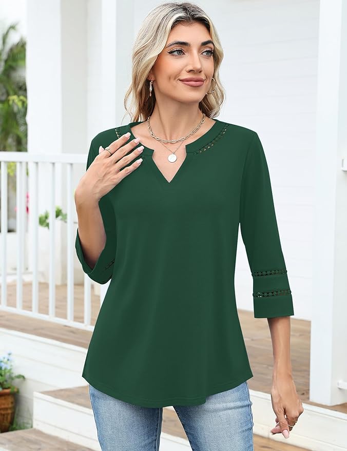Ivicoer 3/4 Length Sleeve Womens Tops V Neck Lace Embroidered Summer Blouses Loose Fit Tunic Dressy Casual