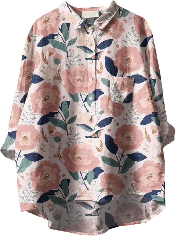 Womens Boho Tops 3/4 Long Sleeve Floral Blouses Hawaii Beach Button Down Shirts V Neck Pullover Casual Tunics