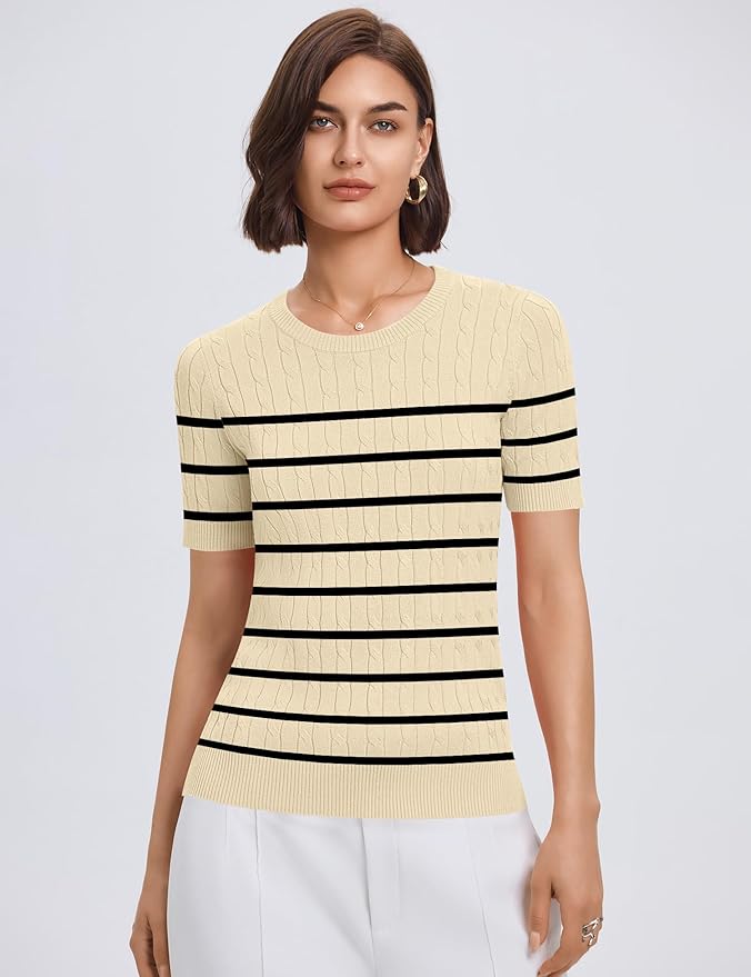 Micoson Womens Short Sleeve Cable Knit Sweater Tops Crewneck Lightweight Spring Summer Shirts Business Dressy Casual Outfits