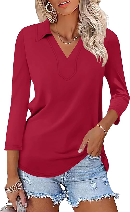 LOMON 3/4 Length Sleeve Womens Tops 2026 Spring Summer Collared Polo Shirts V Neck Casual Basic Polos Tees Shirt