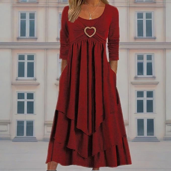 Winter Dresses for Women Wedding Guests Casual Cute Heart Long Sleeve Tiered Maxi Dress with Pockets Plus Size