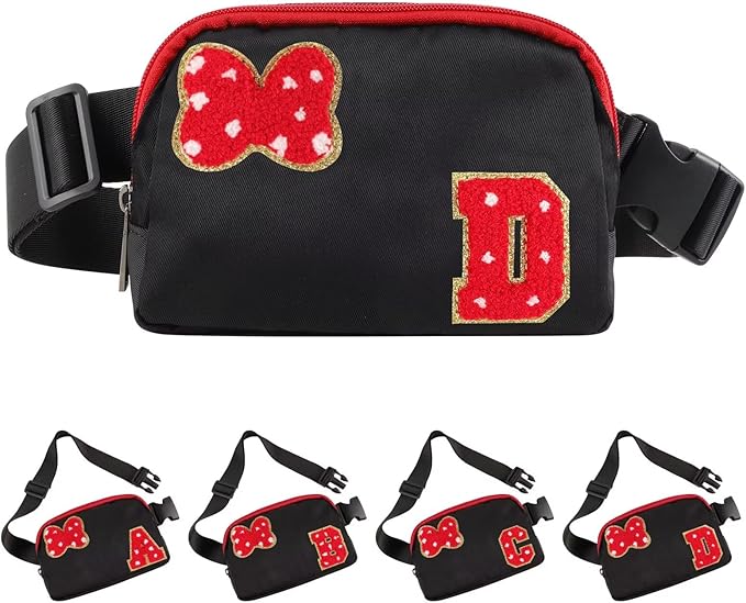 Initial Letter Bow Mouse-Ear Fanny Pack for Teen Girls,Cute Chenille Belt Bag Crossbody Travel Waist Pack for Women&Kids,Personalized Gift for Theme Park,School & Travel, Birthday Christmas(D)