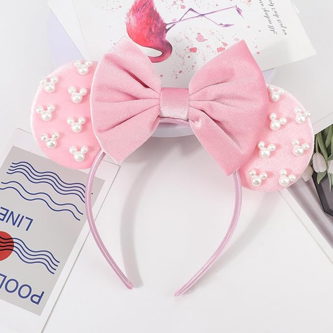 DRESHOW Mouse Ears Headbands for Women Pearl Hairbands Bow Head Bands Velvet Head Band Christmas Cosplay Costume Princess Party Decorations Halloween & Disney Trip