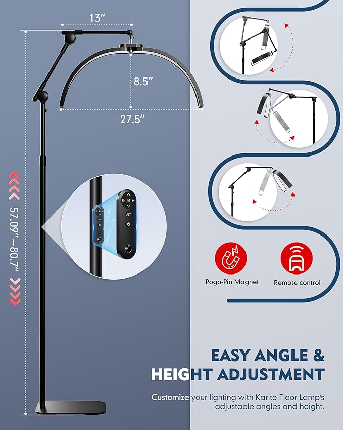 KARITE Half Moon Light for Lash Tech, LED Floor Lamp for Eyelash Extensions with Phone Holder, Adjustable Angle(3 Joints) & Height Desk Lamp for Nail Tch, 3000-6500K for Reading Makeup Tattoo