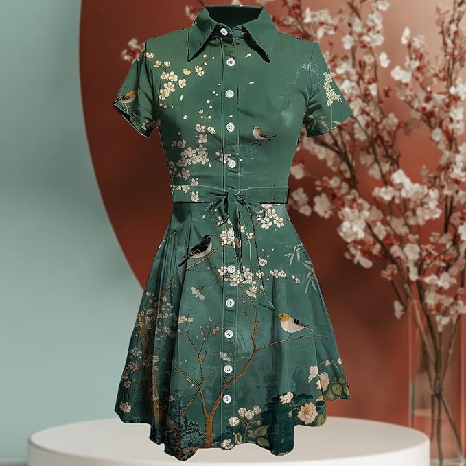 MARSVOVO Japanese Art Shirt Dresses for Women Short Sleeve Ruffle Button Down Tie Waist Trendy Elegant Midi Dress