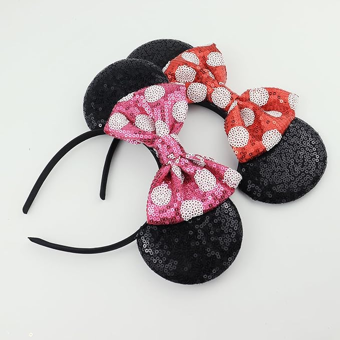 LIHELEI Minnie Ears Mouse Ears Headband with Sequin Bows, Headbands for Women Halloween Costume, Headwear Hair Accessories-2 pack Black and Red