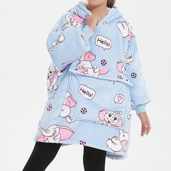 KFUBUO Wearable Blanket Hoodie for Kids Sherpa Patterns Oversized Sweatshirt Blanket With Pocket 6-10 Year Old Girl Boy Birthday Gifts Elephant
