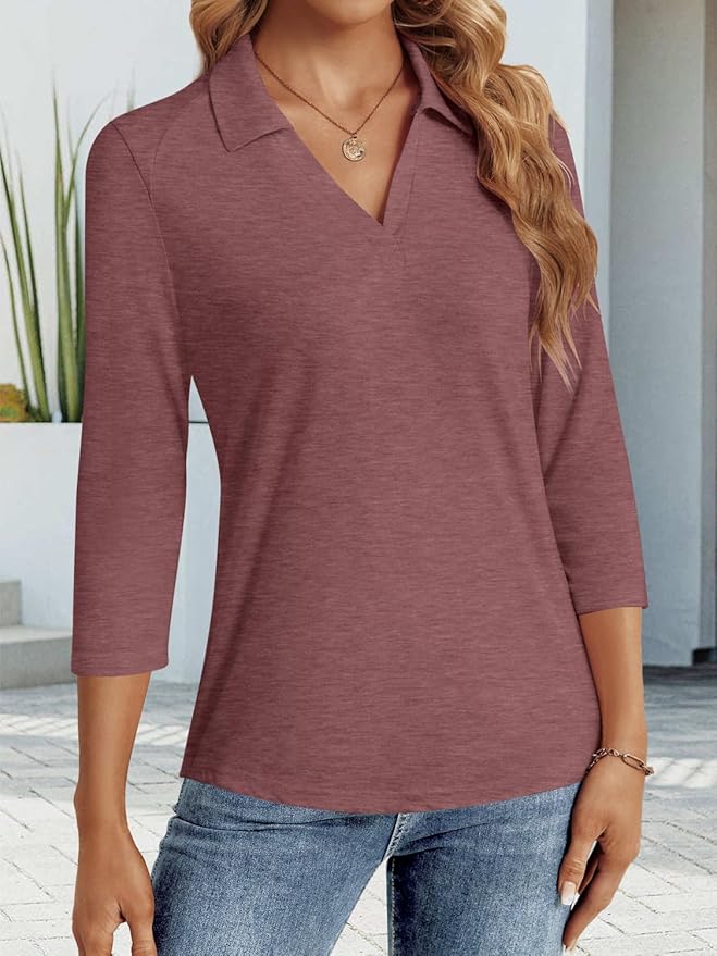 3/4 Length Sleeve Womens Tops Dressy Casual V Neck Polo Shirts Business Work Blouses 2025 Trendy Tunic Top
