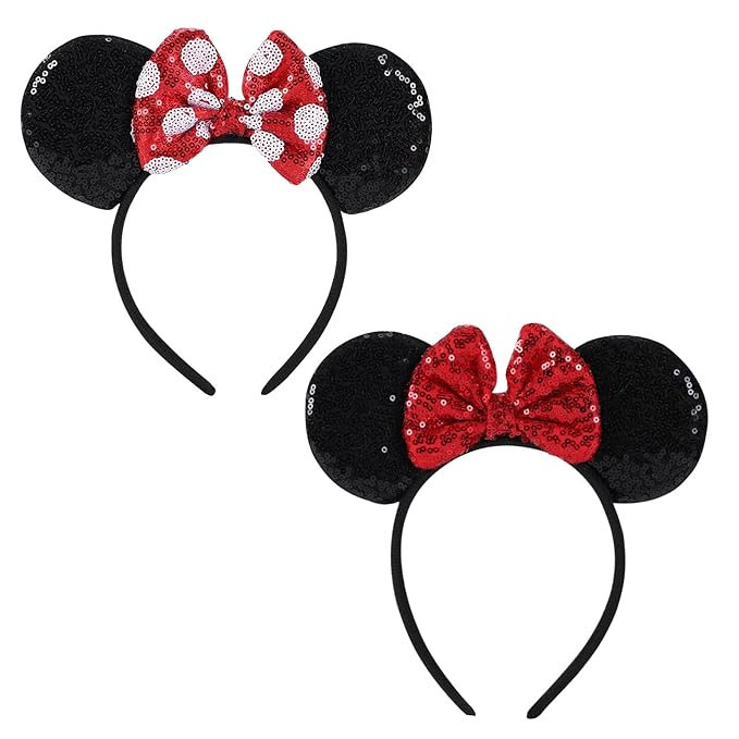 Twineek 2 Pcs Red Mouse Ears Sequin Headbands,Shiny Bows Headbands, A Perfect Addition to Your Trip Essentials Accessories for Women Grils Princess Decoration Costume Cosplay