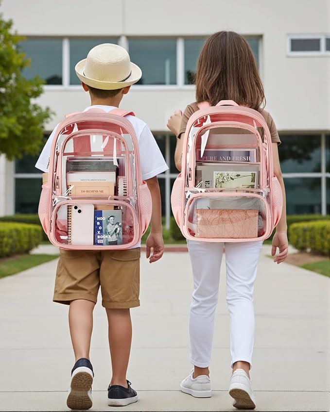 KIMNERPU Clear Backpack, Heavy Duty Transparent Bookbag for School, Fabric & PVC Transparent Backpack with Reinforced Strap for Women Men, Capacity Clear Bag for College, Travel, X-Large Pink