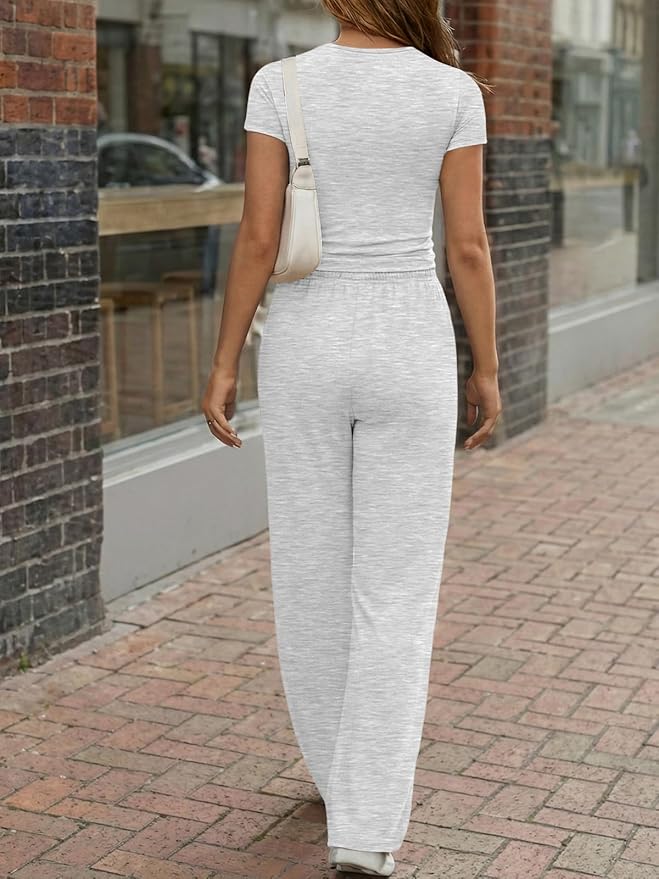 Trendy Queen Women's 2 Piece Matching Lounge Sets Summer Henley Neck Slightly Crop Top Wide Leg Pants Casual Sweat Suit
