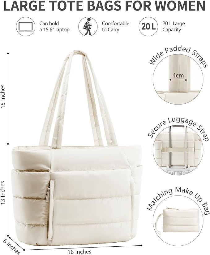 Puffer Tote Bag for Women, Lightweight Puffy Work Handbag Teacher Nurse Quilted Shoulder Bag for School Travel Gym | Quilted, with Zipper, Daily Carry On Bags, Comfy College Bags, 15.6" Laptop Sleeve, Cup Holder Pocket, Portable, Spacious