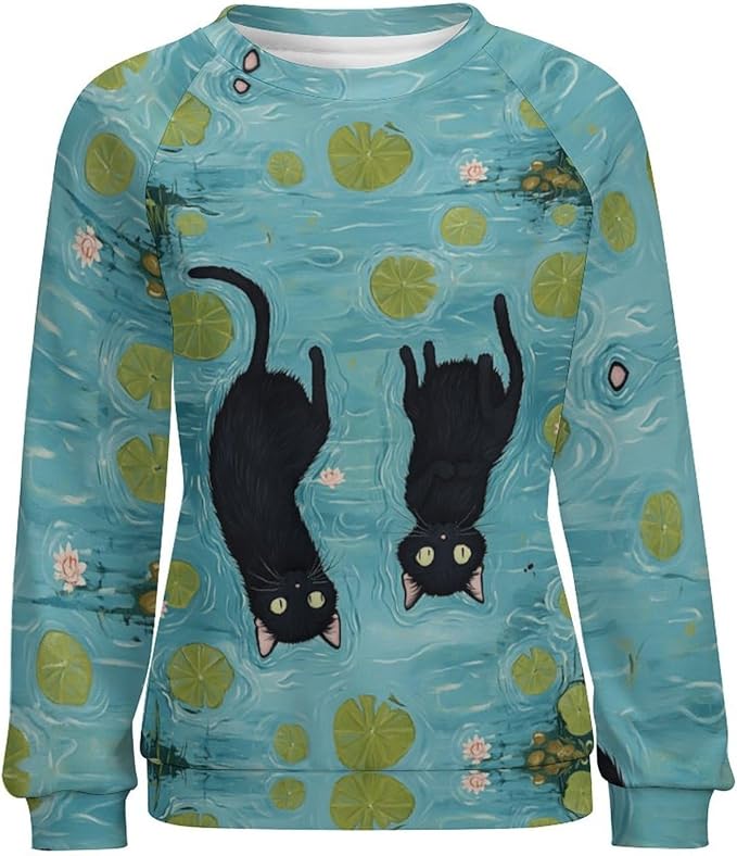 Spatofa Womens novelty funny cat printed crewneck sweatshirt casual loose long sleeve graphic pullover sweatshirts tops