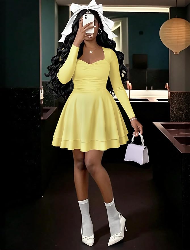 IWD Women's Square Neck Long Sleeve Mini Dress Ruched Corset Waist Tiered Ruffle Hem A Line Short Party Dresses