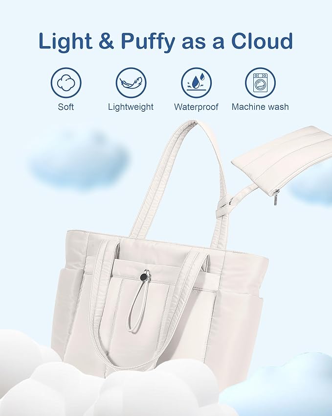 TOPDesign Puffy Tote Bag for Women with Cup Holder & Laptop Compartment & Cosmetic Bag & Trolley Sleeve for Work, Travel