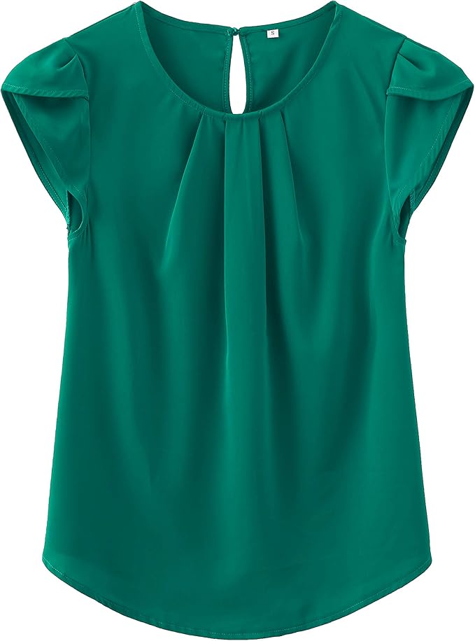 TASAMO Women's Casual Round Neck Basic Pleated Top Cap Sleeve Curved Keyhole Back Chiffon Blouse