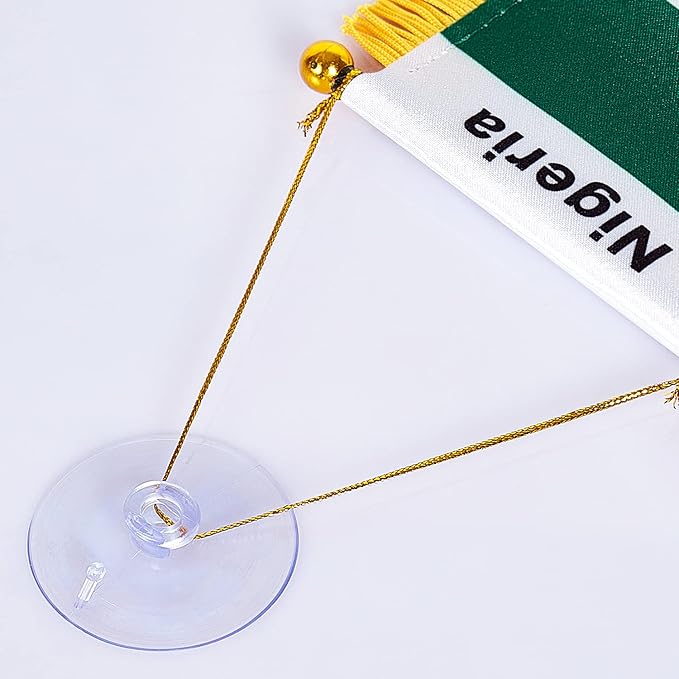 ZXvZYT 3 X 5 Inch Nigeria Window Hanging Flag Nigerian Small Mini Car Flags Banners Rearview Mirror Decoration - with Suction Cup & Golden Fringy Banner(2 Pack)