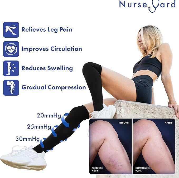 Nurse Yard Compression Socks - Unisex, 20-30mmHg, Black, Solid, Medical Compression, Nurses, Athletes, Active Individuals