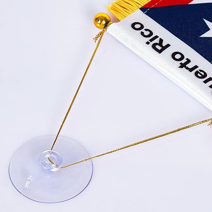 ZXvZYT 3 X 5 Inch Puerto Rico Window Hanging Flag Puerto Rican Small Mini Car Flags Banners Rearview Mirror Decoration - with Suction Cup & Golden Fringy Banner(2 Pack)