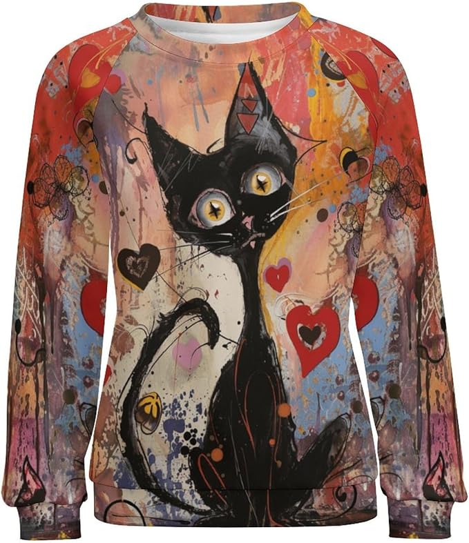 Spatofa Womens novelty funny cat printed crewneck sweatshirt casual loose long sleeve graphic pullover sweatshirts tops