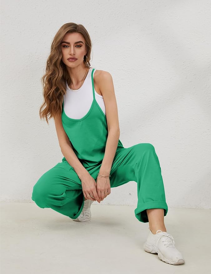 Lentta Women's Causal Jumpsuits V Neck Sleeveless Harem Overalls Stretchy Adjustable Strap Romper with Pockets
