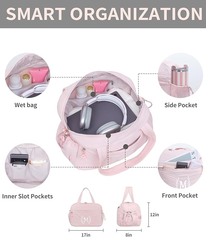 Gift for Women, Kid & Friend, Initial Girls Duffle Bag, Monogrammed Personalized Overnight Weekender, Birthday Gifts for Teen, Mom, Daughter, Grandmother, Dad (Pink, J)
