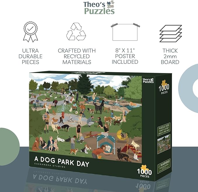 Theo's Puzzles 1000 Piece Puzzle for Adults, Dog Park Puzzles - Smooth Edged, High Resolution Puzzle; Matte Finished, Zero Dust Jigsaw Puzzle Animal Puzzle
