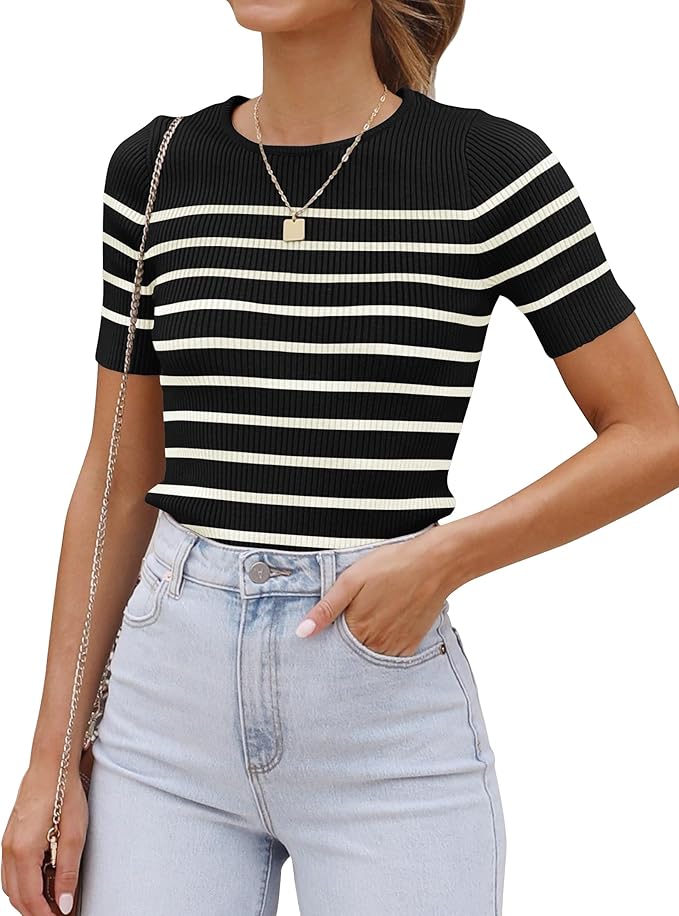 ZESICA Women's Short Sleeve Crewneck Striped T Shirt 2026 Summer Ribbed Knit Slim Fit Casual Basic Tee Tops