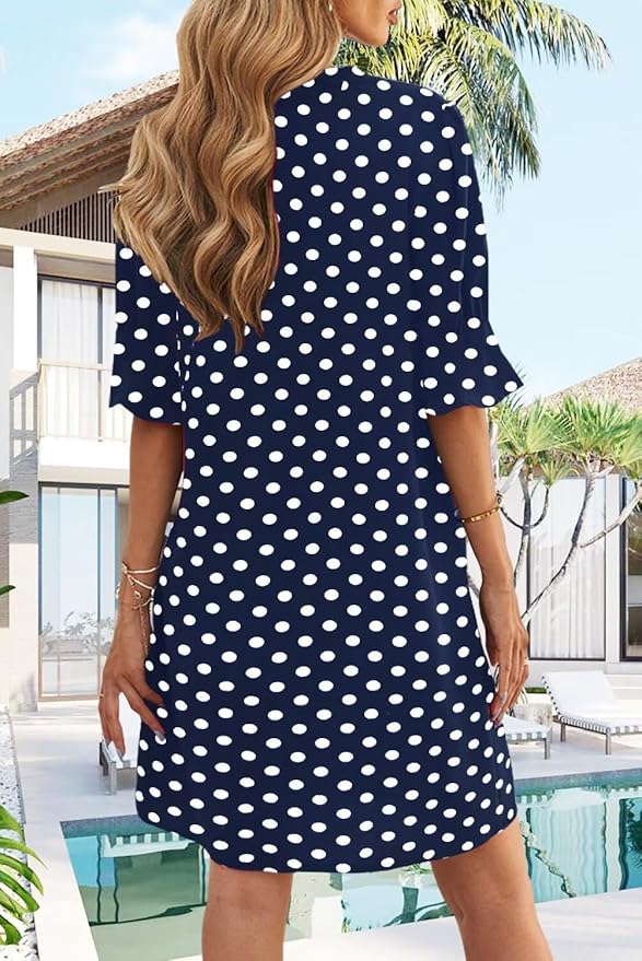 Wkior Shift Dress for Women V Neck Short Sleeves Solid Color Casual Flowy Summer Dresses(S-2XL)