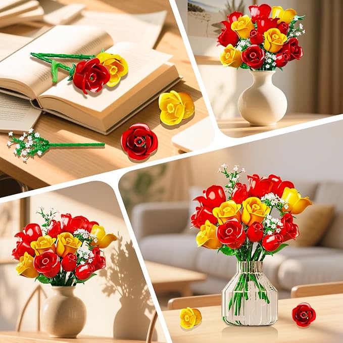 HOGOKIDS Flowers Bouquet Building Set with Lights - 16 Roses Bouquet Botanical Building Blocks Artificial Red Roses Flower for Home Decor Birthday Valentines Gifts for Adults Girl - 387PCS (Yellow)