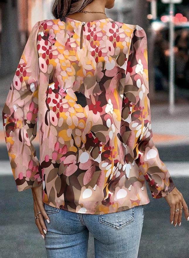 Samefar Womens Tops Dressy Casual Pleated Crew Neck Long Sleeve Shirts Office Work Chiffon Blouses