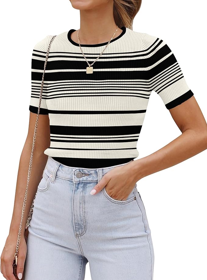 ZESICA Women's Short Sleeve Crewneck Striped T Shirt 2026 Summer Ribbed Knit Slim Fit Casual Basic Tee Tops