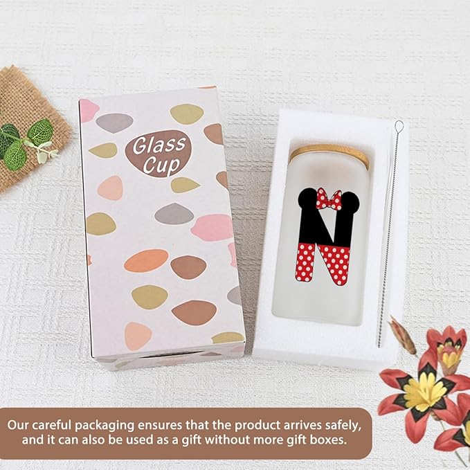 Cute Cartoon Mouse Lover Gifts Initial A-Z Personalized Iced Coffee Cup Magic Mouse Stuff Wizard Gift 16oz Glass Cup with Lid and Straws Birthday Christmas Gifts for Women Teen Girls (Letter N)