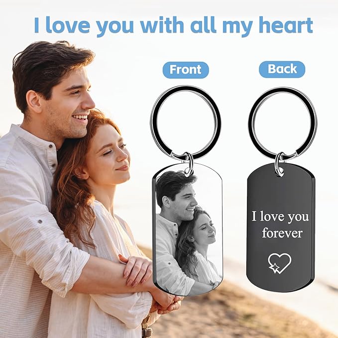 RSQGT Personalized Custom Keychain with Picture - Double Sided Engraving Photo Text Customized Key Chains for Men Boyfriend
