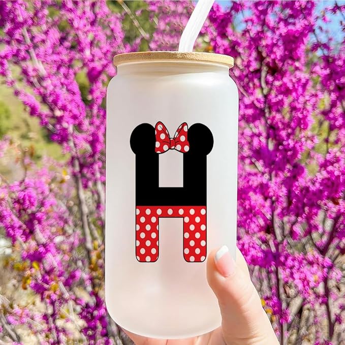 Cute Cartoon Mouse Lover Gifts Initial A-Z Personalized Iced Coffee Cup Magic Mouse Stuff Wizard Gift 16oz Glass Cup with Lid and Straws Birthday Christmas Gifts for Women Teen Girls (Letter H)