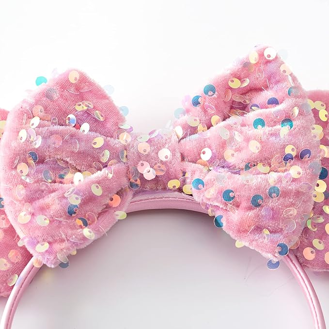 KARETT Sequins Mouse Ears Headband With Glitter Bow Princess Party Decorations For Girls Women