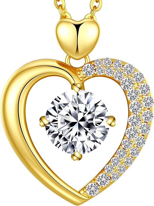 Beam & Bask Moissanite Heart Pendant Necklaces for Women, Engraved with LOVE, Sterling Silver Plated with 18K Gold, Anniversary and Birthday Jewelry for Wife, Girlfriend, Mom, or Her