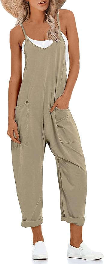 Lentta Women's Causal Jumpsuits V Neck Sleeveless Harem Overalls Stretchy Adjustable Strap Romper with Pockets