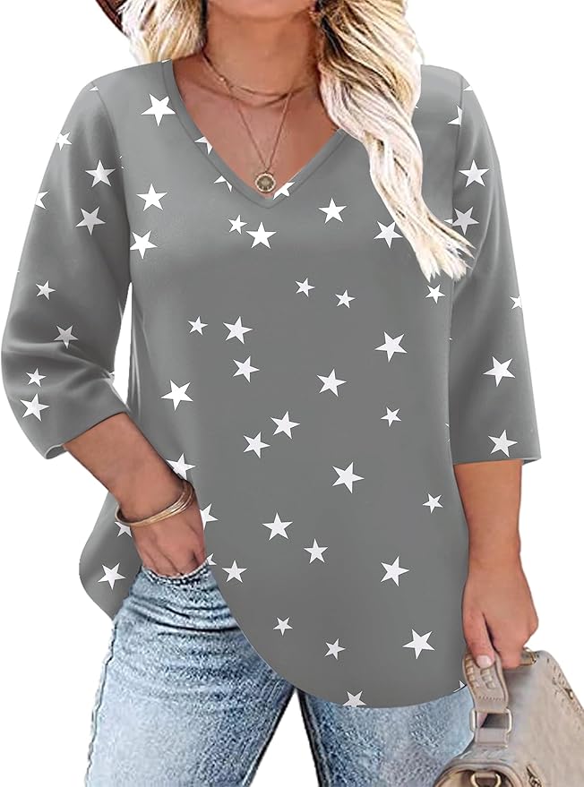 TFSDOD Womens Plus Size Tops V Neck T Shirts 3/4 Sleeve Blouse Summer Casual Tees XL-5X