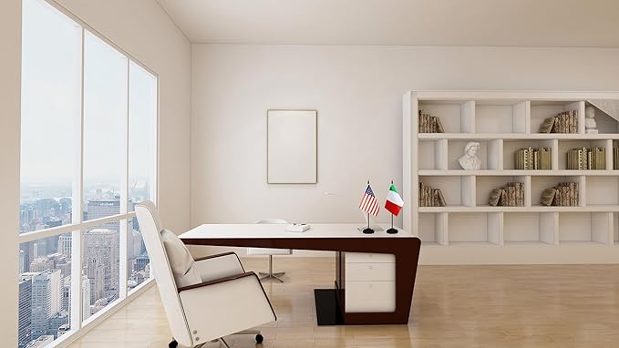 USA American & Italy Italian Desk Flags, US Italy Table Flag, Small Mini Miniature Italian and US Desktop Flag With 13" Solid Black Pole, Black Base
