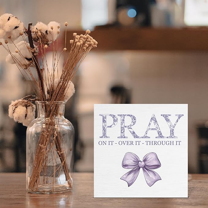 Purple Bow Room Decor, Inspirational Christian Gifts for Women, Pray on it Pray Through it Bible Verse Wooden Sign for Home Office Desk Decoration