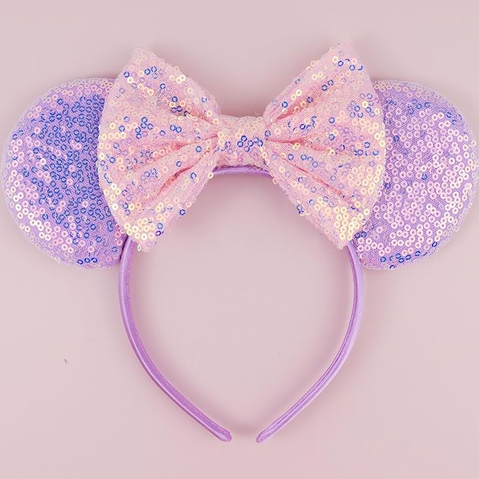 LIHELEI Mouse Ears Headband for Princess, Pink Headbands for Women Halloween Costume, Sequin Bows Headwear Hair Accessories - Pink Pruple